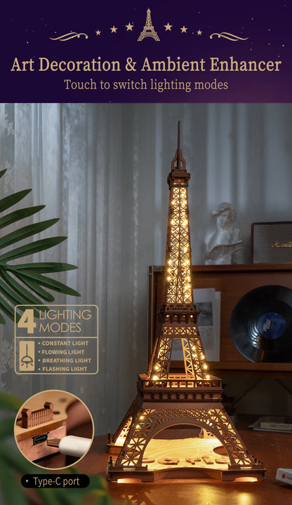 Robotime Rolife Night of the Eiffel Tower 3D Wooden Puzzle DIY Miniature House Model Kit TGL01