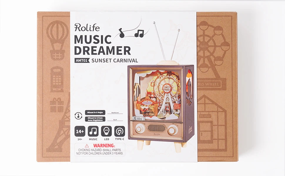 Robotime Rolife Sunset Carnival Series DIY Wooden Puzzle Music Box Model Kit AMT01 AMK81 AMK63