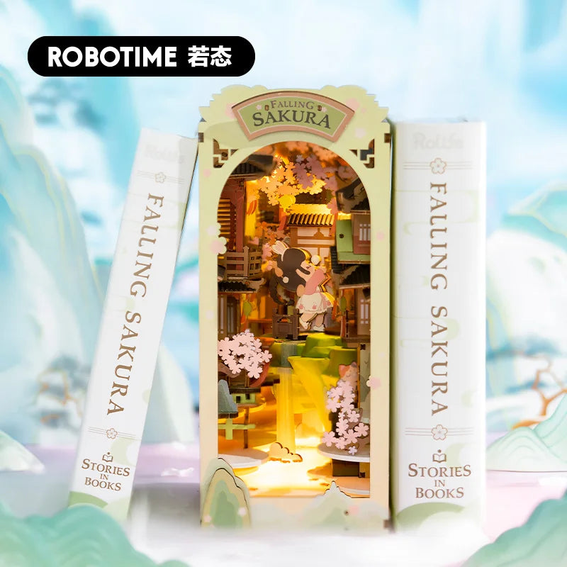 Robotime Rolife Falling Sakura Book Nook DIY Wooden Puzzle Bookend Model Kit TGB05