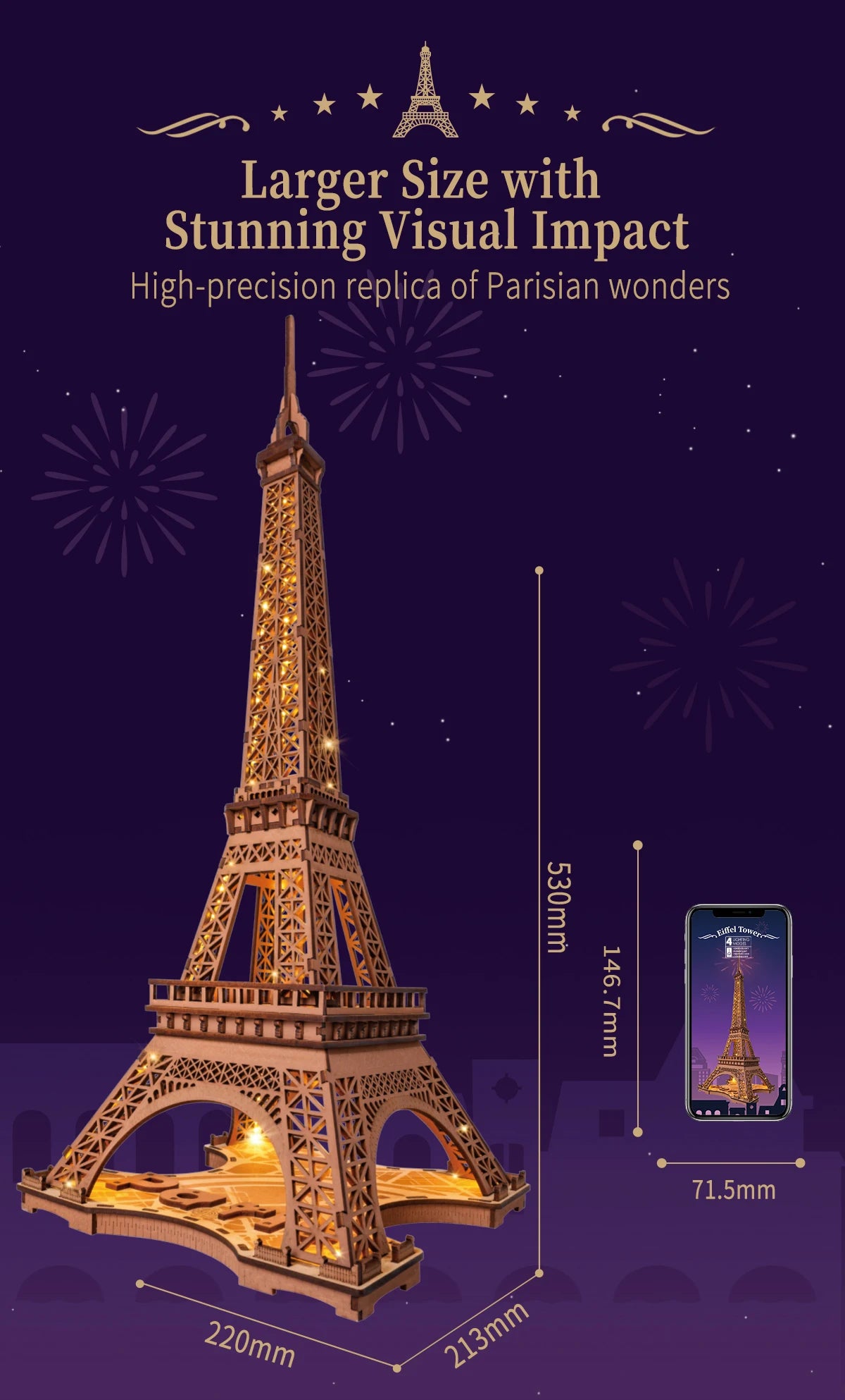 Robotime Rolife Night of the Eiffel Tower 3D Wooden Puzzle DIY Miniature House Model Kit TGL01