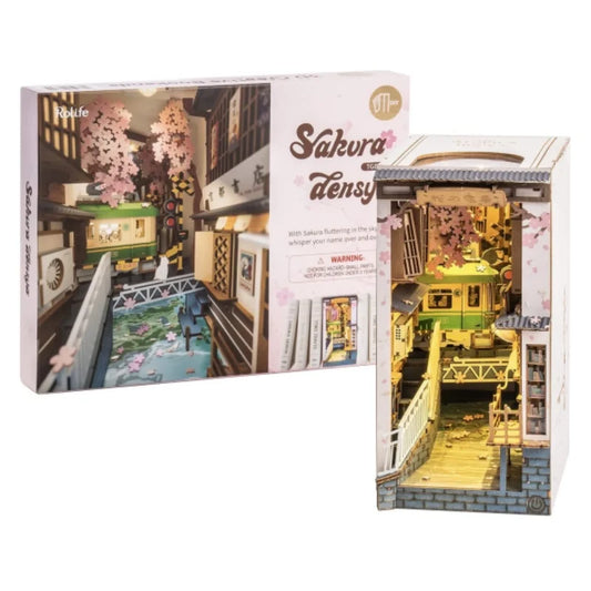 Robotime Rolife Sakura Densya Book Nook DIY Wooden Puzzle Bookend Model Kit TGB01