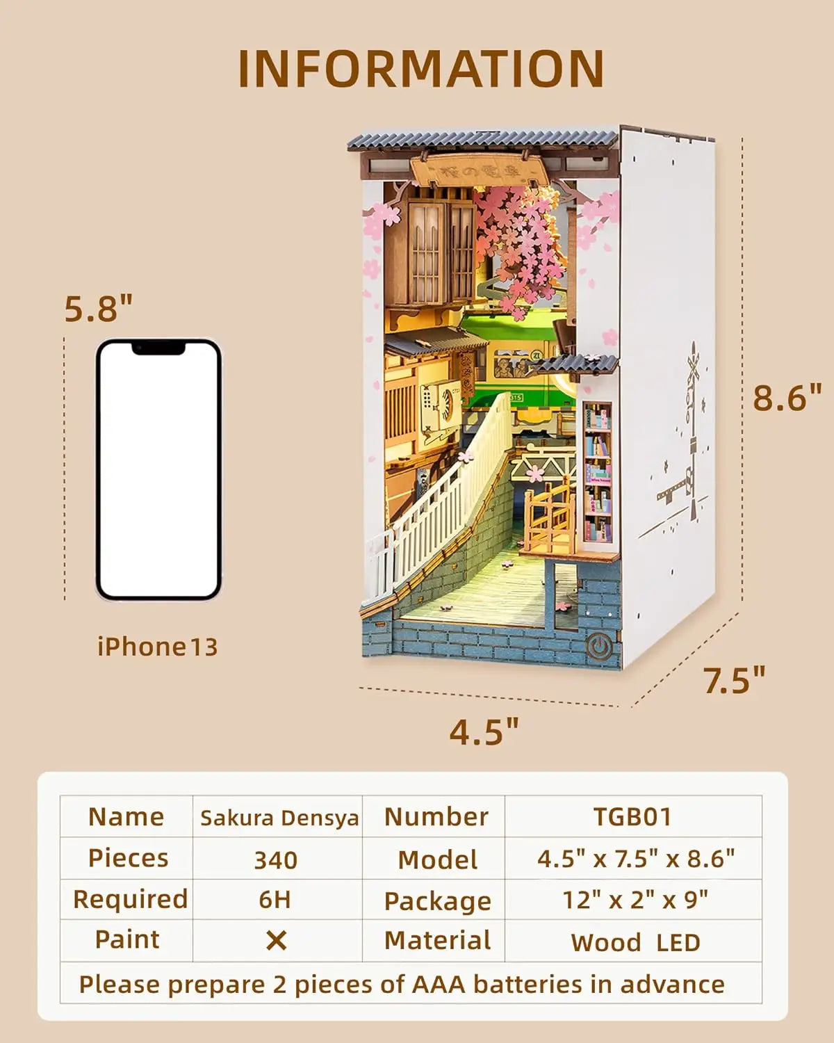 Robotime Rolife Sakura Densya Book Nook DIY Wooden Puzzle Bookend Model Kit TGB01
