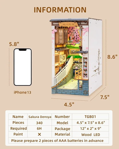 Robotime Rolife Sakura Densya Book Nook DIY Wooden Puzzle Bookend Model Kit TGB01