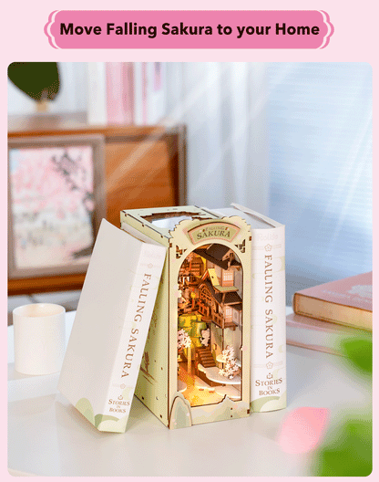 Robotime Rolife Falling Sakura Book Nook DIY Wooden Puzzle Bookend Model Kit TGB05