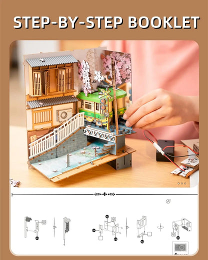 Robotime Rolife Sakura Densya Book Nook DIY Wooden Puzzle Bookend Model Kit TGB01