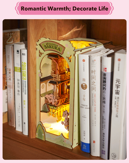 Robotime Rolife Falling Sakura Book Nook DIY Wooden Puzzle Bookend Model Kit TGB05