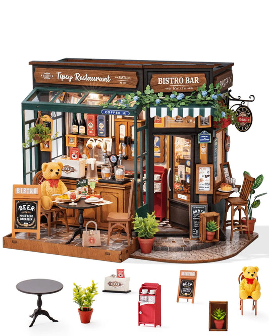 Rolife Tipsy Restaurant Miniature Dollhouse 3D Wooden Puzzle Bistro Bar Design