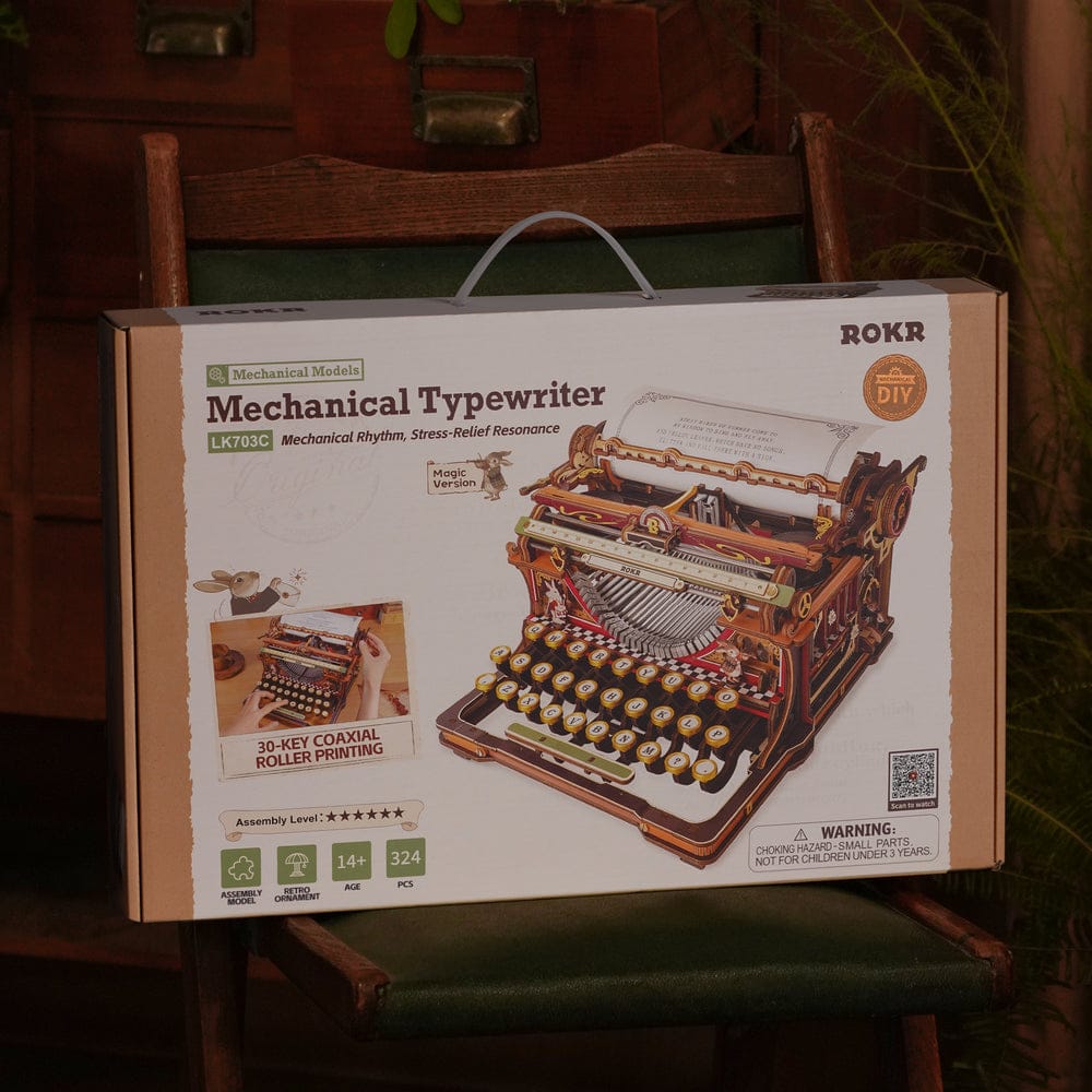 ROKR Mechanical Typewriter 3D Wooden Puzzle LK703C – Vintage DIY Model Kit Magic Version