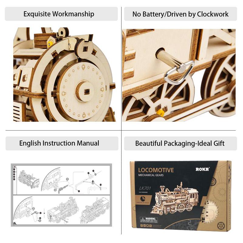 ROKR Locomotive Mechanical Gear 3D Wooden Puzzle DIY Model Kit LK701