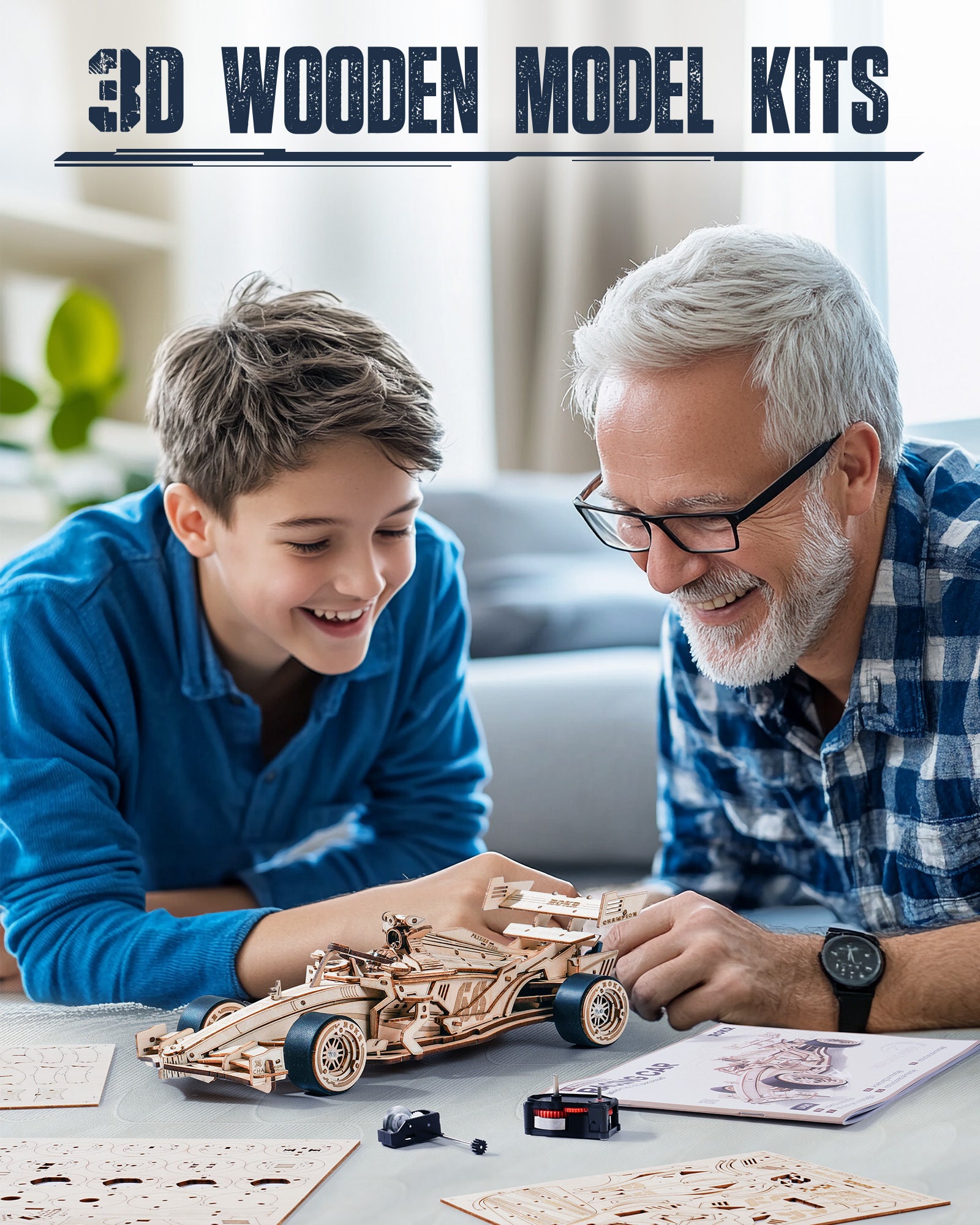 Robotime ROKR Racing Car 3D Wooden Puzzle – DIY Model Kit with Mechanical Roaring Engine