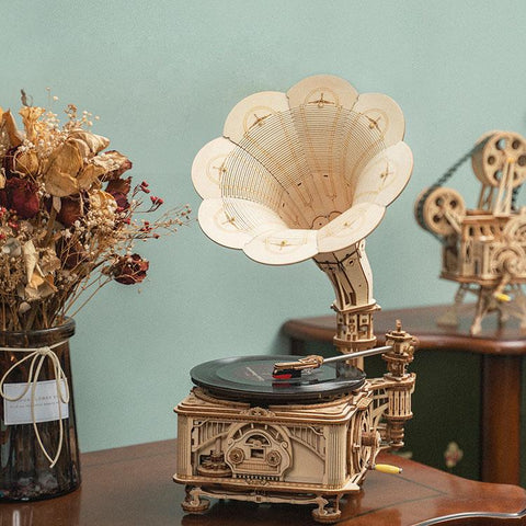3D Wooden Gramophone Puzzle Kit – ROKR DIY Classic (Hand Rotating) | STEM Toy & Vintage Decor